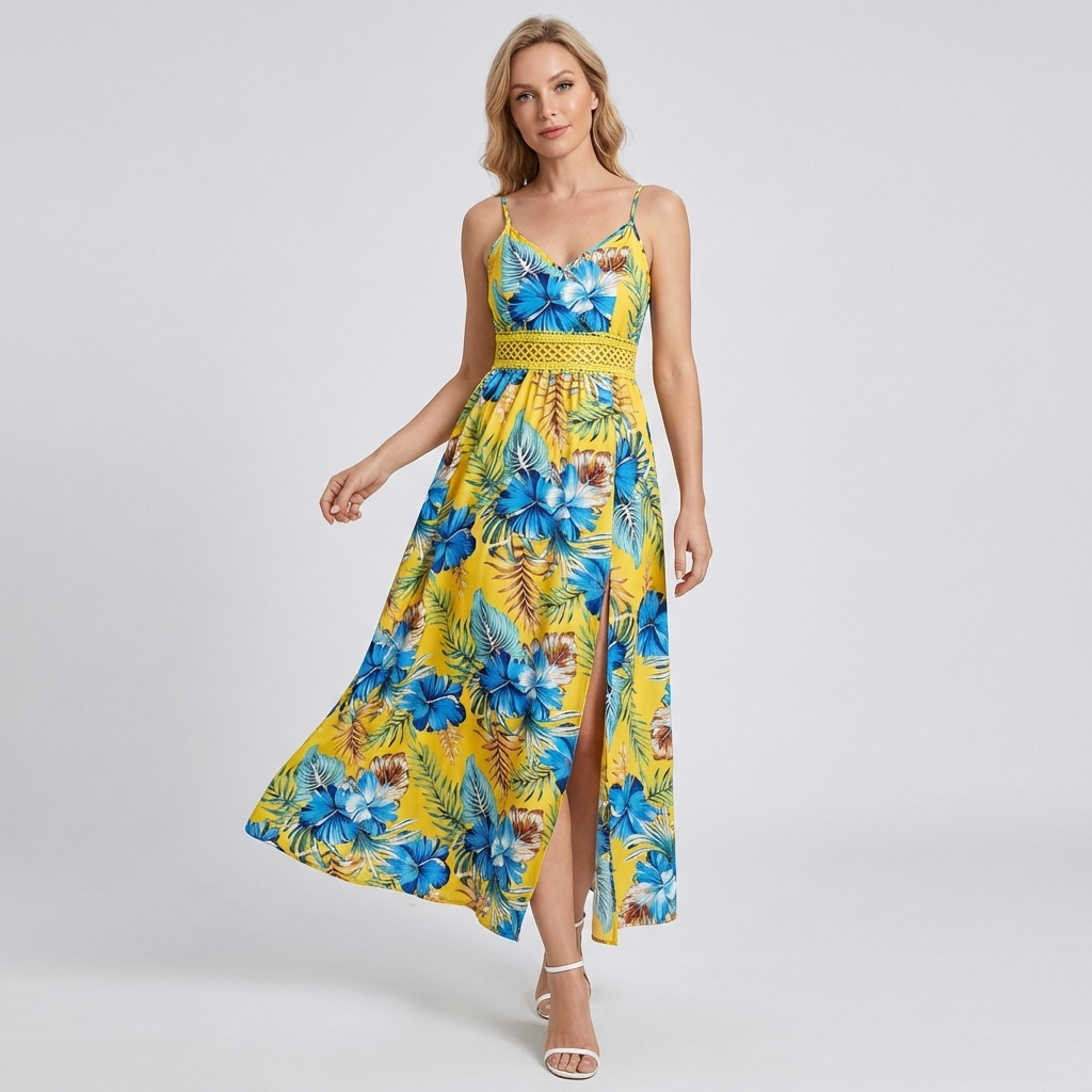 AMELY | Maxikleid mit tropischem Blumenmuster & elegantem Schlitz